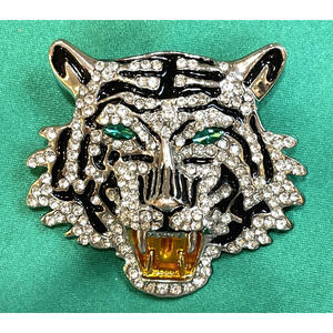 NWOT Tiger Head Brooch Pin Silver Tone Green Eyes Rhinestone Enamel Crystal